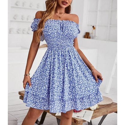 Women’s Off-Shoulder Dress - Smocked Bodice - Ruffled Sleeves - Flowy A-Line Casual Wear