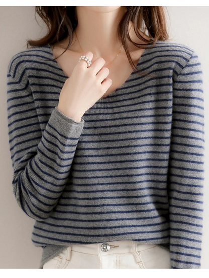Women's V-Neck Sweater - Soft Knit - Fitted Long Sleeve - Striped Casual Wear