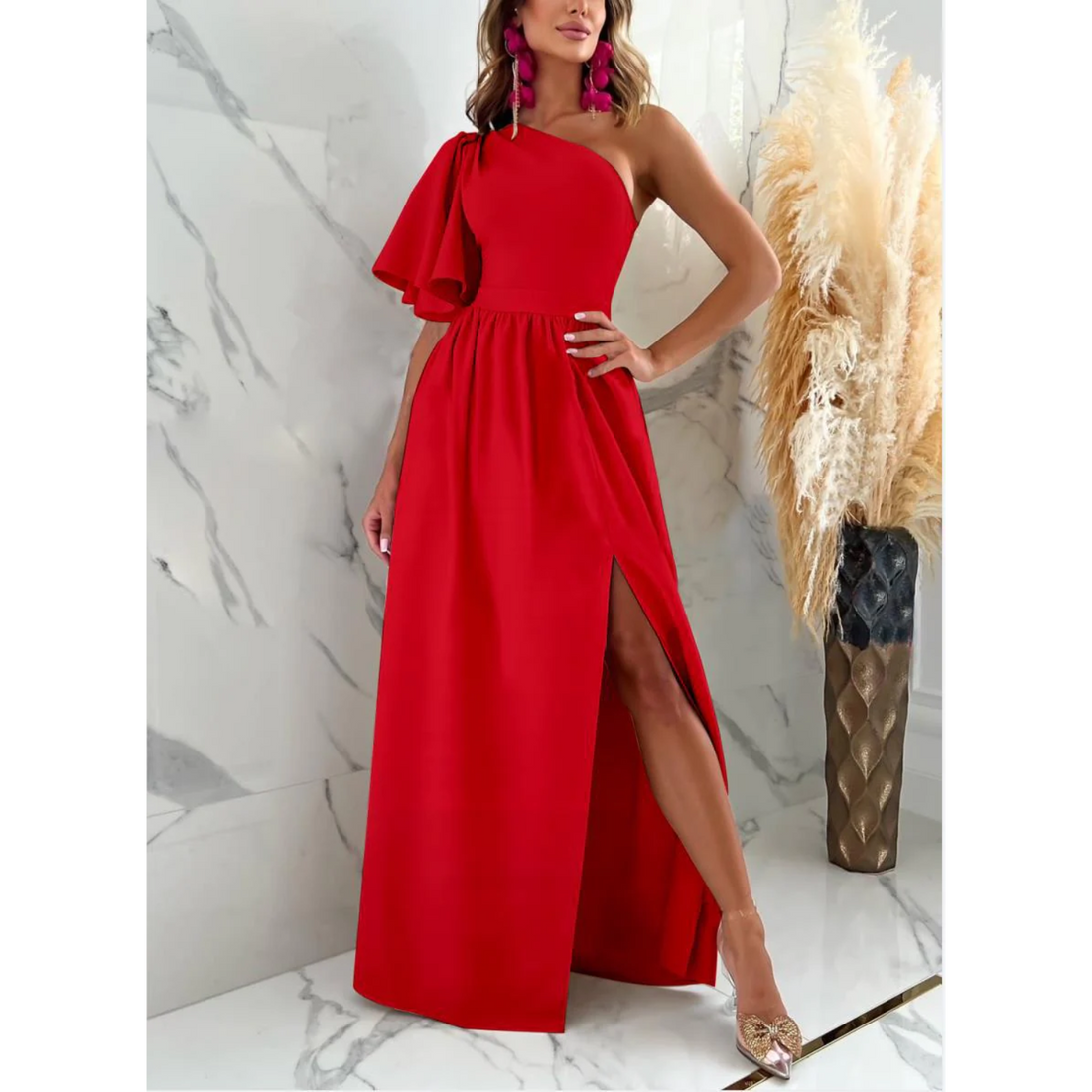 Ebby - One shoulder maxi dress splitted