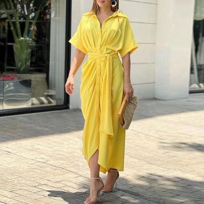 Women's Maxi Dress - Tropical Print - V-Neck - Short Sleeve - Tie Waist - Flowy Elegant