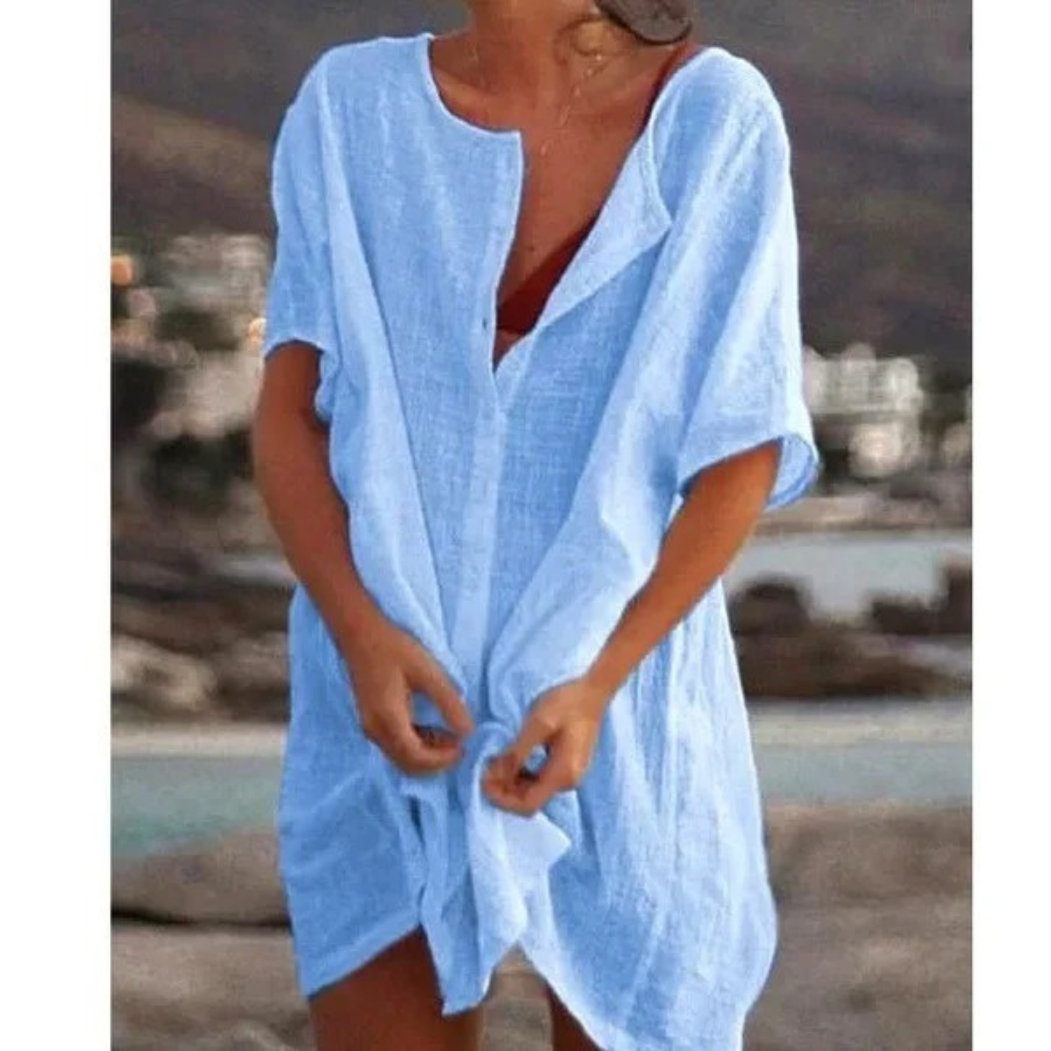 Button Down Short Sleeve Tunic Dress