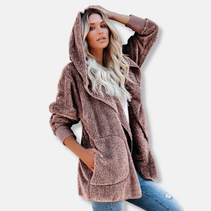 Women’s Hooded Cardigan – Sherpa Fleece – Oversized Fit – Open Front with Pockets