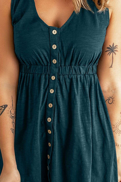 Women's Sleeveless Button-Up Mini Dress - V-Neck - Elastic Waist - Casual Fit