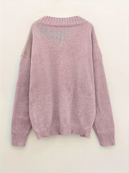 Knit v-neck long-sleeve sweater with ribbed edges for women