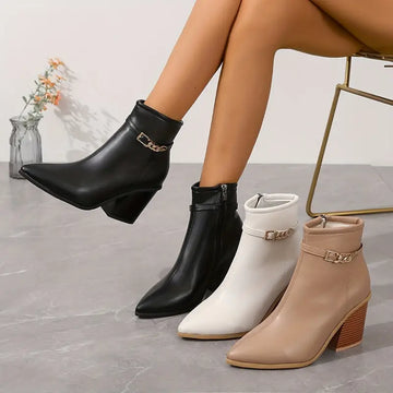 Women's pointed short boots with metal buckle and side zipper