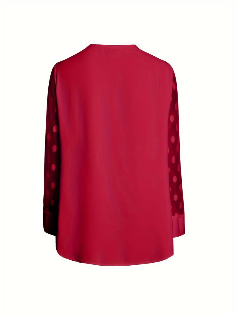 Women's Blouse - Sheer Polka Dot Sleeves - Round Neck - Relaxed Fit Stylish Wear