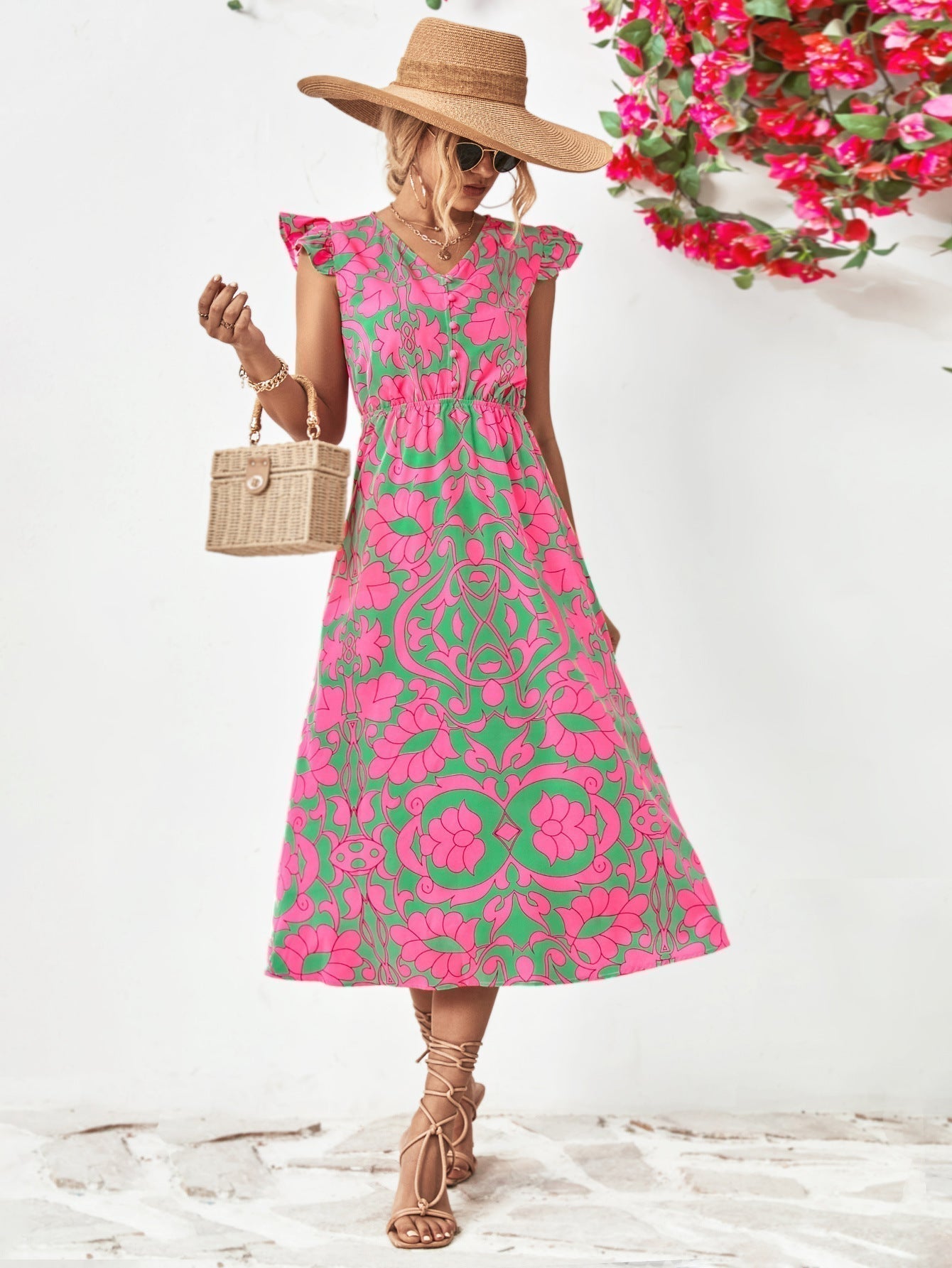 Women's Midi Dress - V-Neck - Short Ruffled Sleeves - Fitted Waist - Floral Print