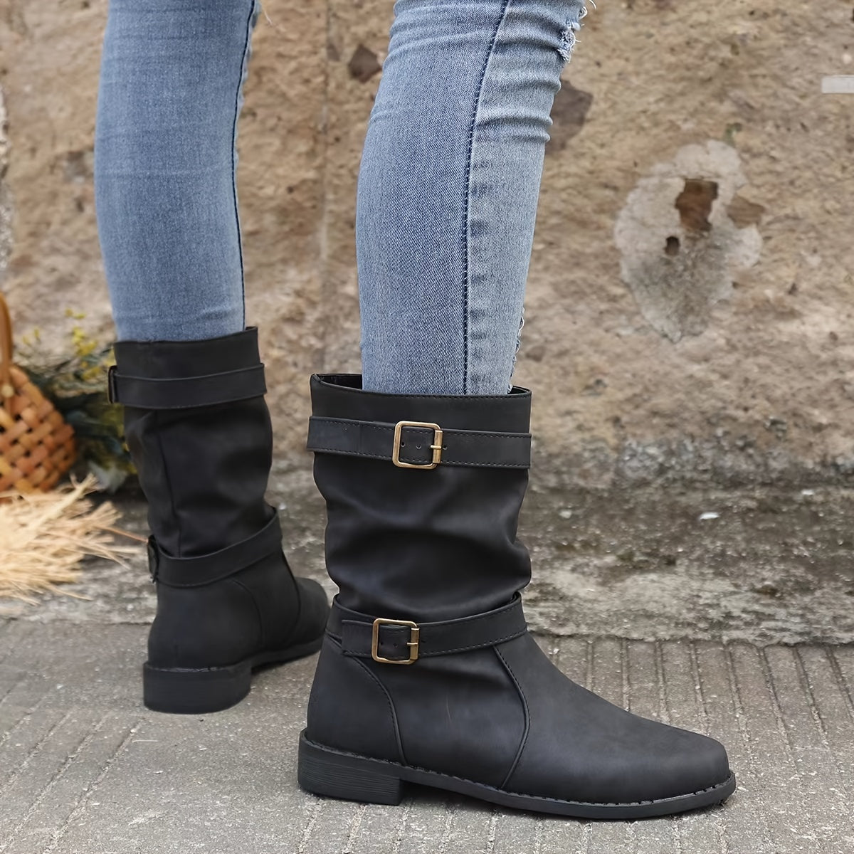 Women's retro charm slouchy buckle strap western ankle boots
