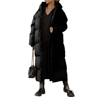 Women’s Long Coat – Oversized Fit – Quilted Padded Hooded Full-Length Outerwear