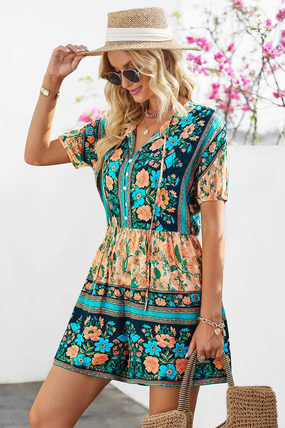 Farida - floral multicolored tie-neck romper