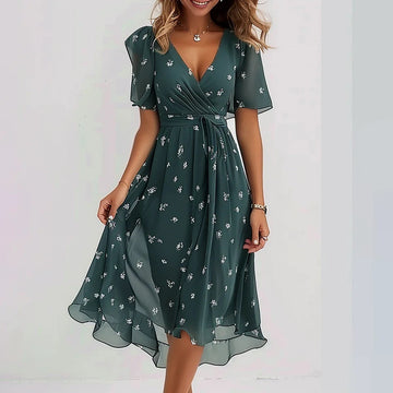 Women's A-Line Wrap Dress - Short Flutter Sleeve - V-Neck - Lightweight Elegant Fit