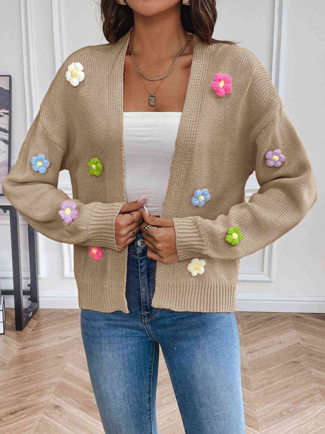Women's Knit Cardigan - Long Sleeve - Floral Appliqué - Cropped Relaxed Fit