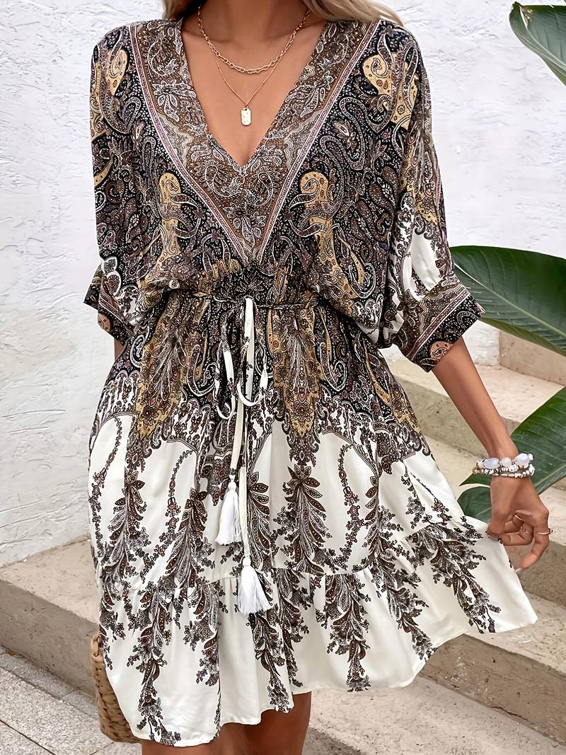 Paisley Print Flowy Boho Knee-Length Dress