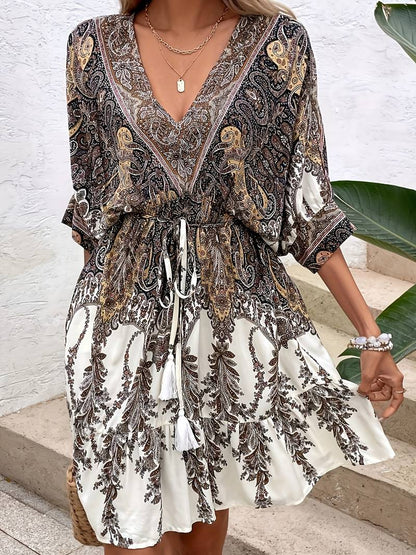 Women's Boho Dress - Paisley Print - V-Neck - Short Wide Sleeves - Flowy Knee-Length