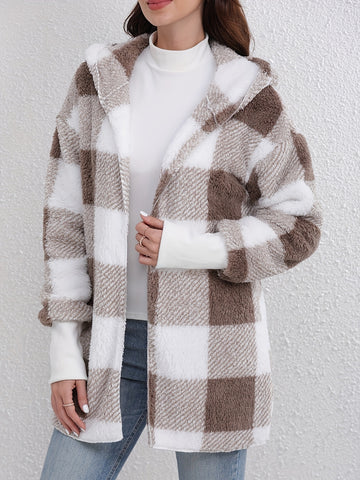 Plaid hooded open-front long-sleeve cozy jacket for women