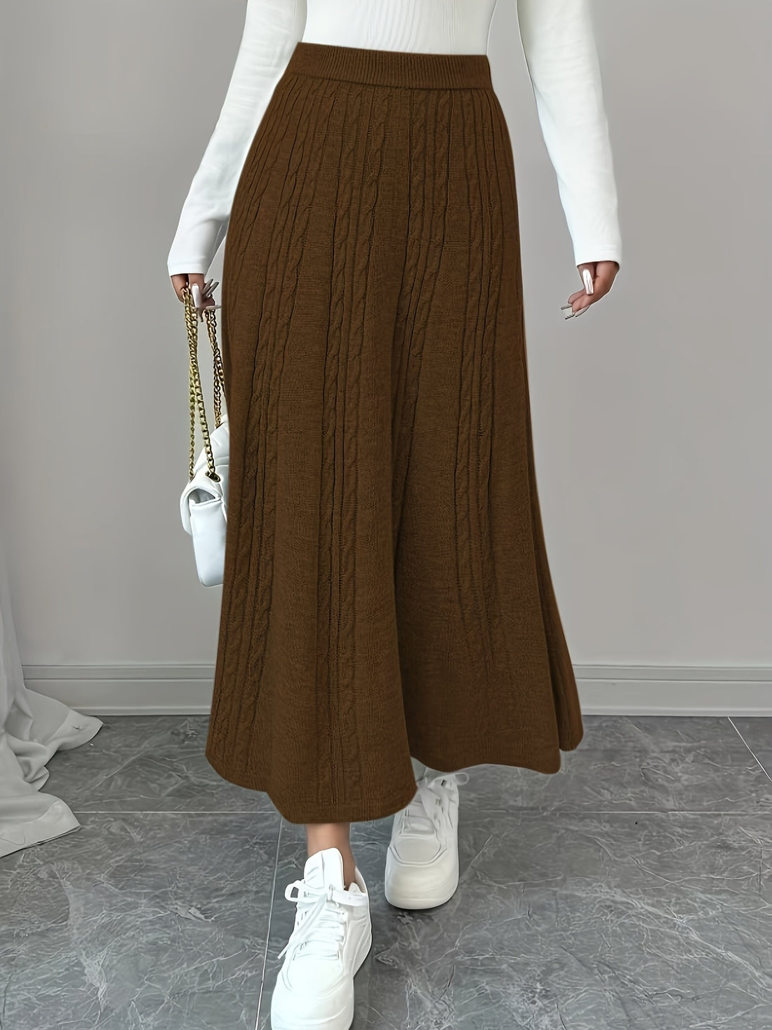 High-waist cable knit maxi skirt with a-line silhouette for women