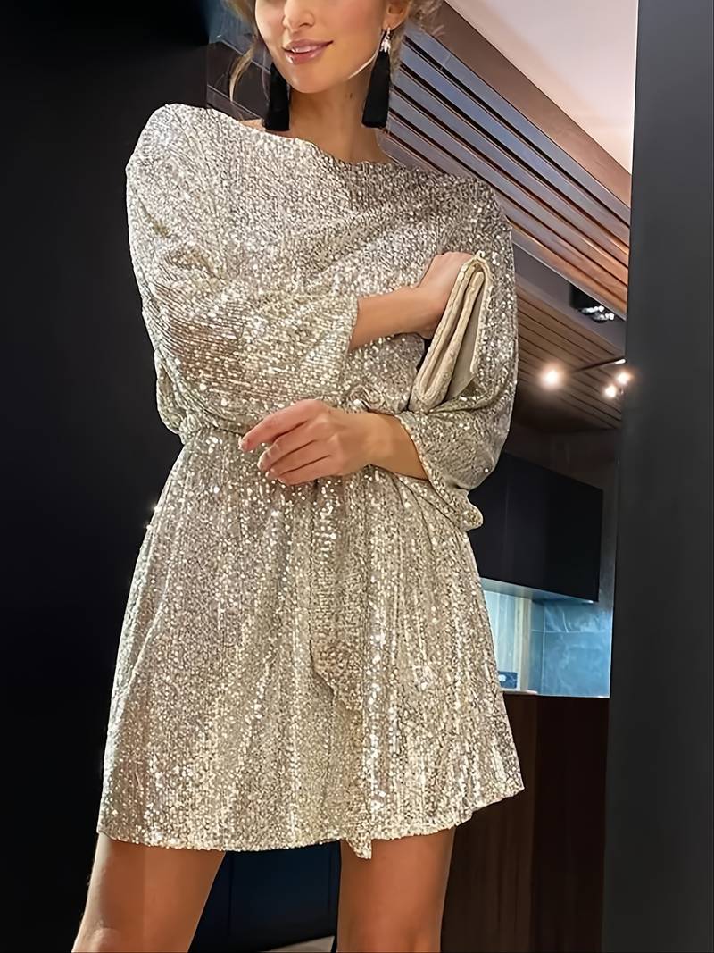 Women's Sequin Mini Dress - Long Sleeve - Round Neck - Belted Waist - Party Wear