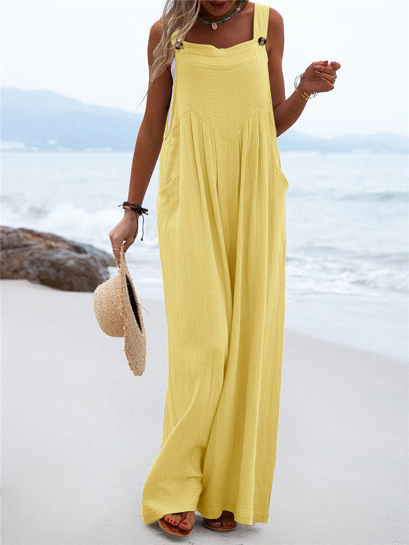 Women's Wide-Leg Jumpsuit - Breathable Fabric - Relaxed Fit - Button Straps & Pockets