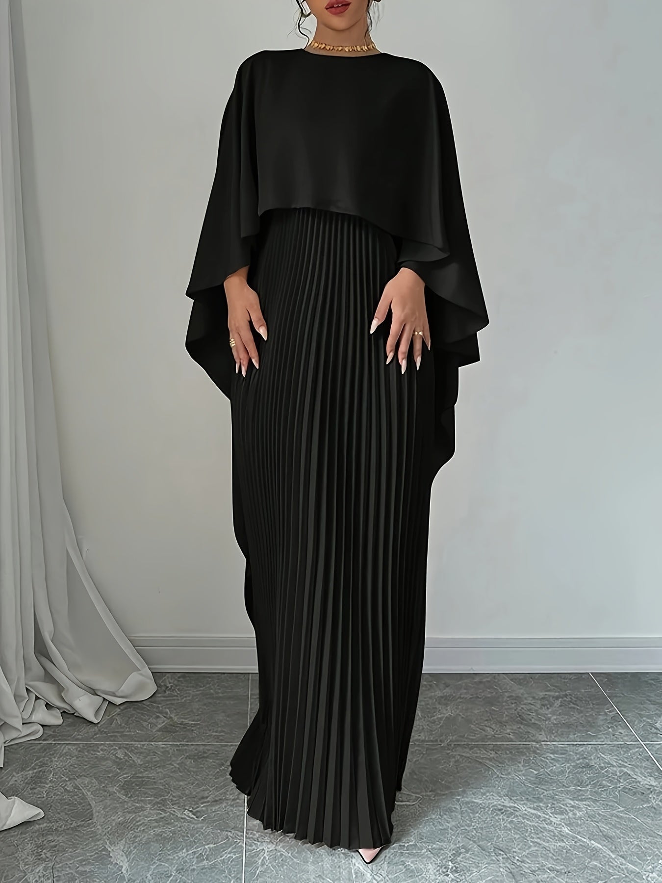 Elegant pleated maxi cape dress for women