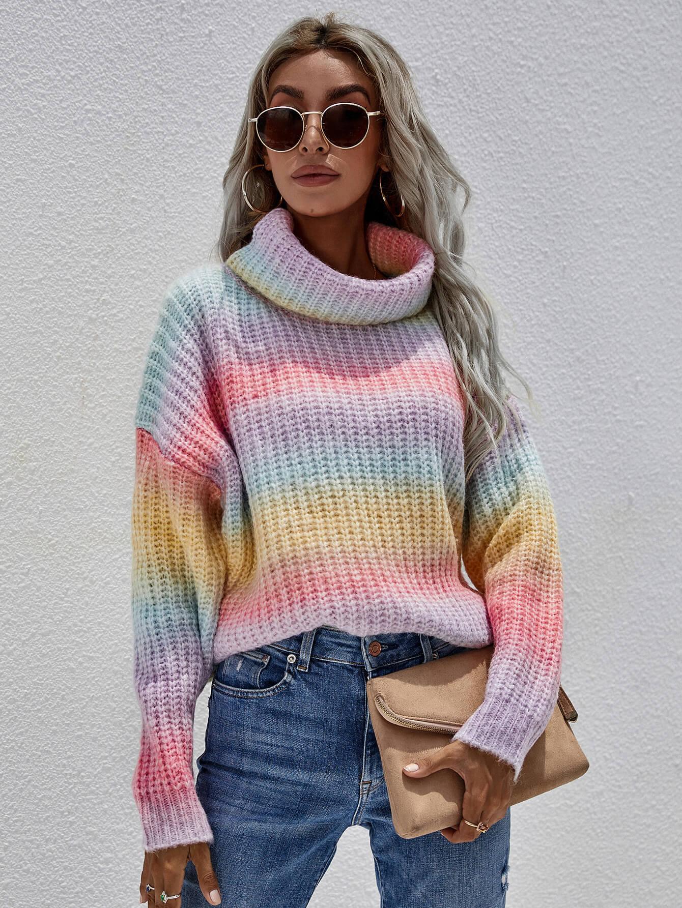 Women's rainbow ribbed turtleneck sweater with drop shoulders