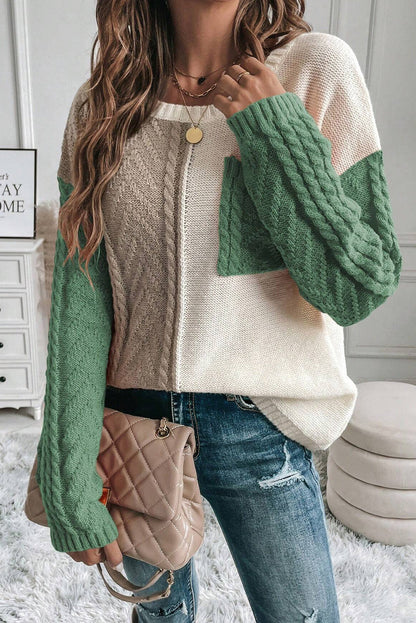 Women's casual patchwork pullover knitted sweater with pockets