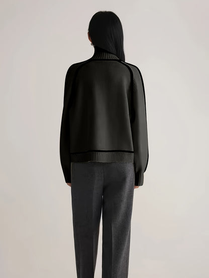 High-neck knit sweater with outlined design and long sleeves for women