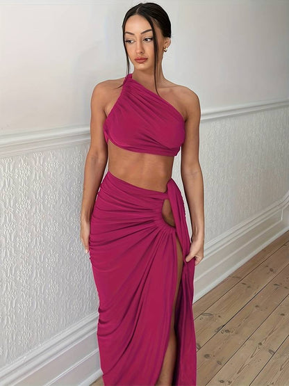 Women’s Two-Piece Set – One-Shoulder Crop Top – High Slit Maxi Skirt – Elegant Fit