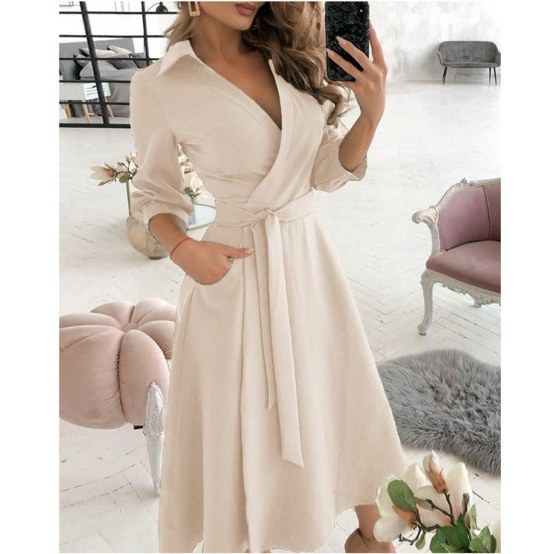 Women’s Wrap Dress - V-Neck - Fitted Waist with Tie - A-Line Silhouette - 3/4 Sleeve