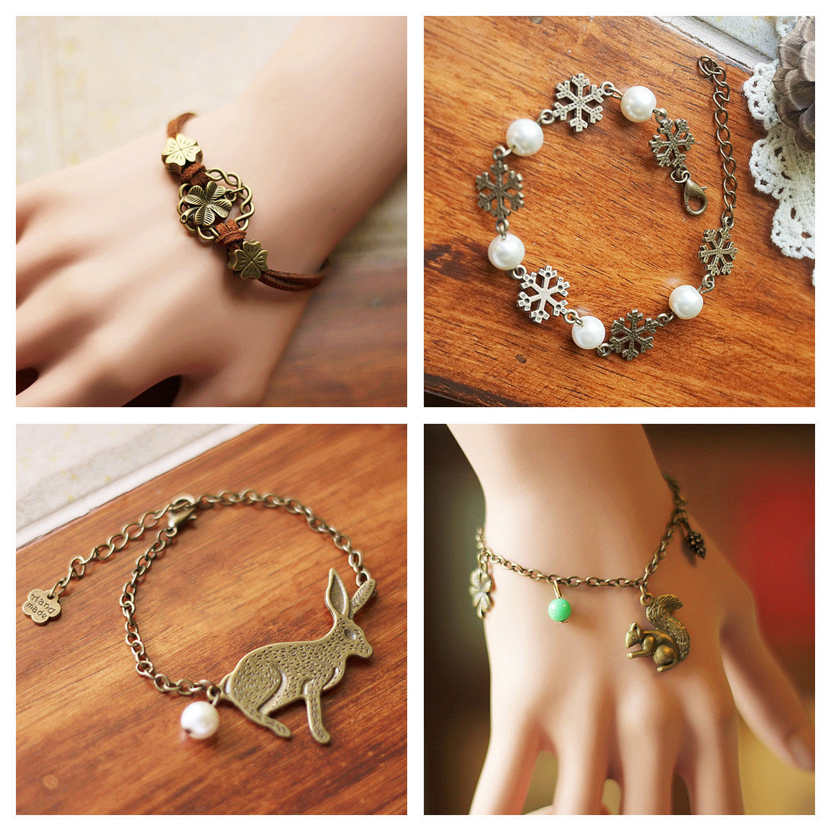 Vintage woodland charm bracelet with squirrel and nature charms