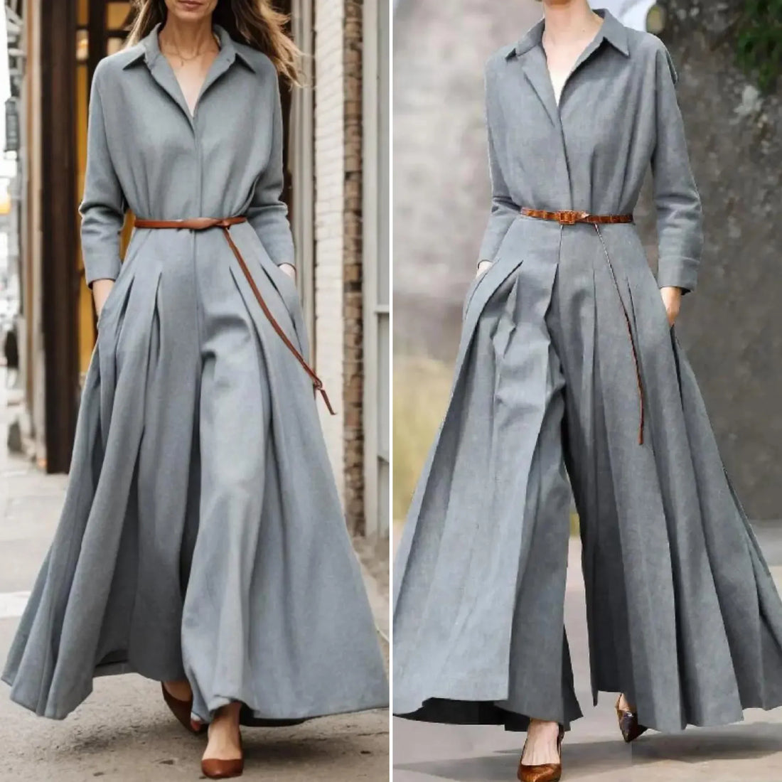 Women's casual oversized dress with long sleeves and lapel design