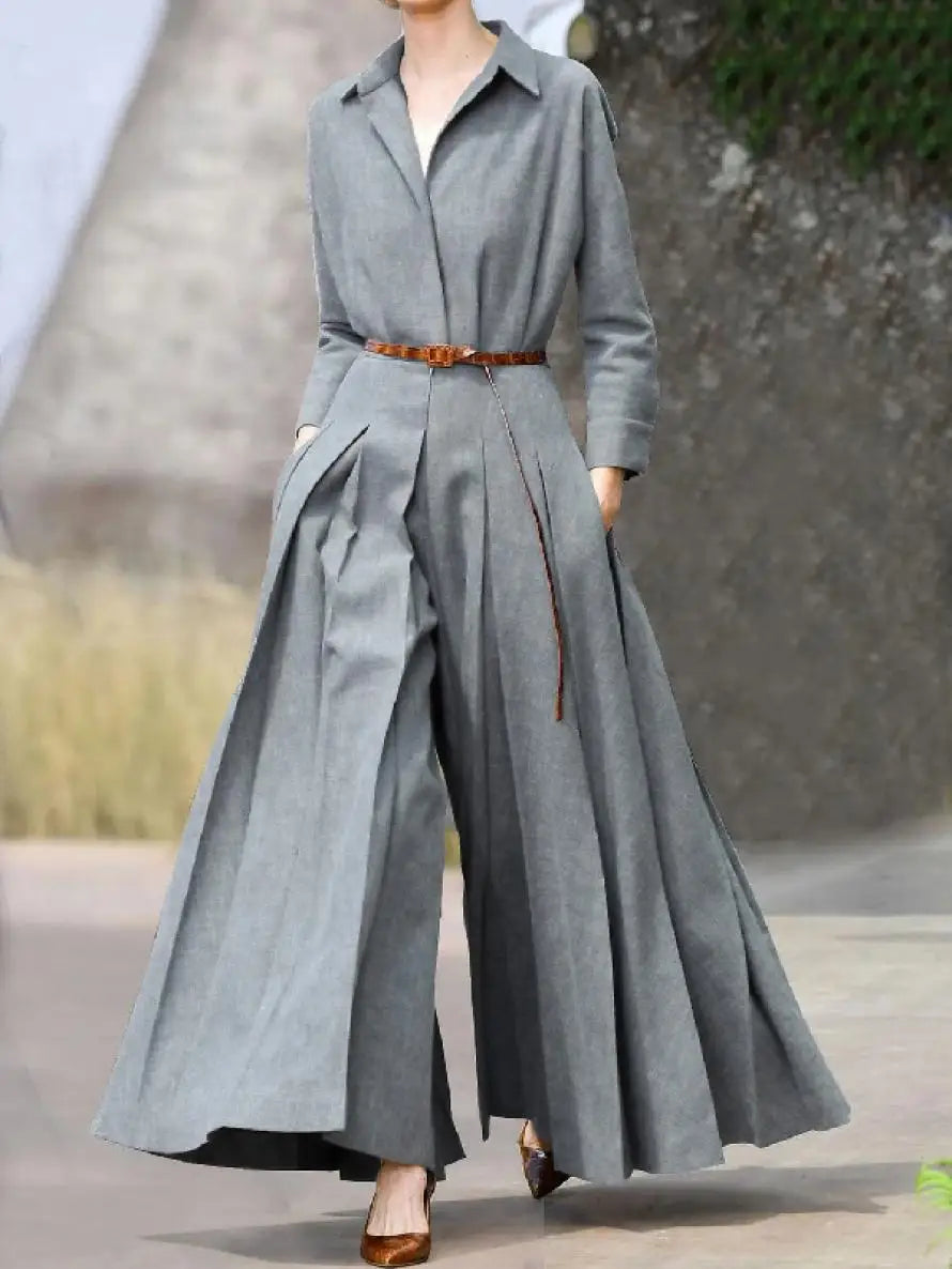 Women's casual oversized dress with long sleeves and lapel design