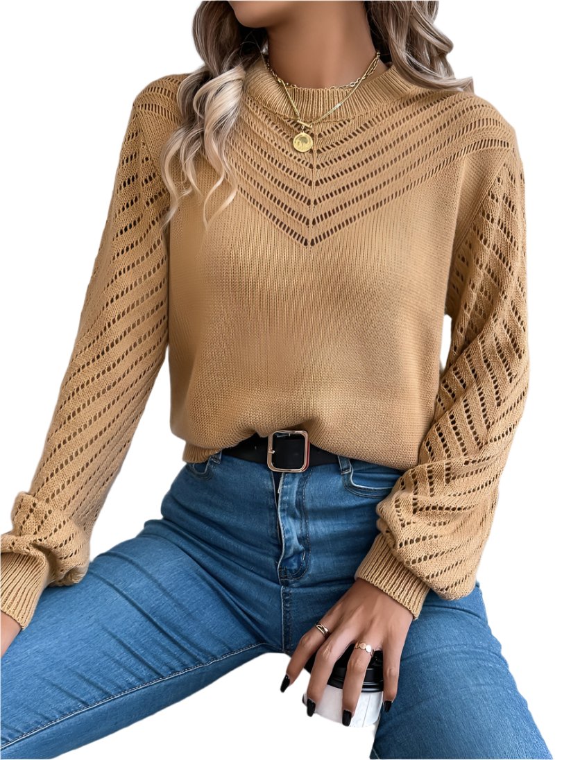 Women's casual pullover sweater with round neck and hollow lantern sleeves