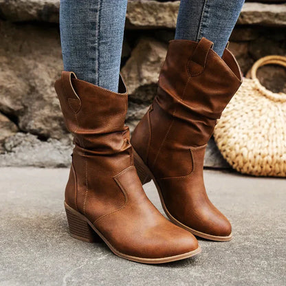 Women's retro pleated upper thick heel pointed toe boots