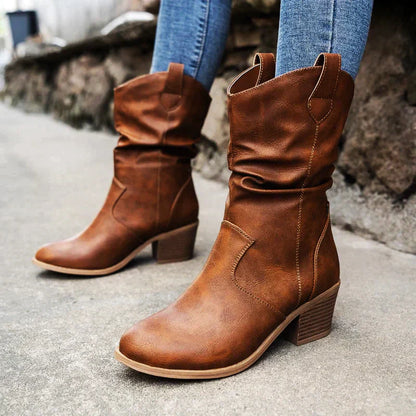 Women's retro pleated upper thick heel pointed toe boots