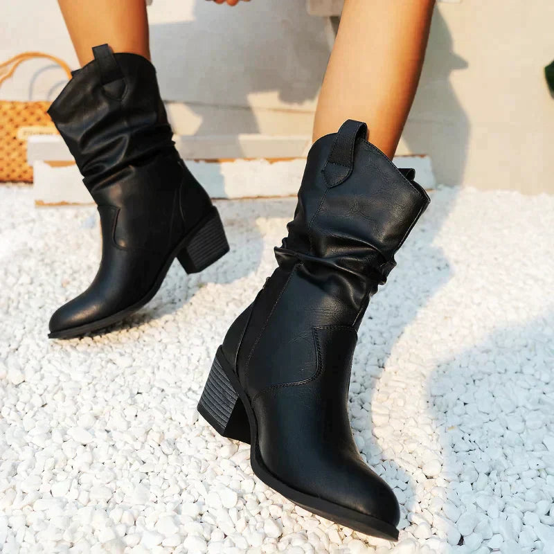 Women's retro pleated upper thick heel pointed toe boots