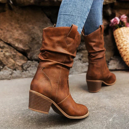 Women's retro pleated upper thick heel pointed toe boots