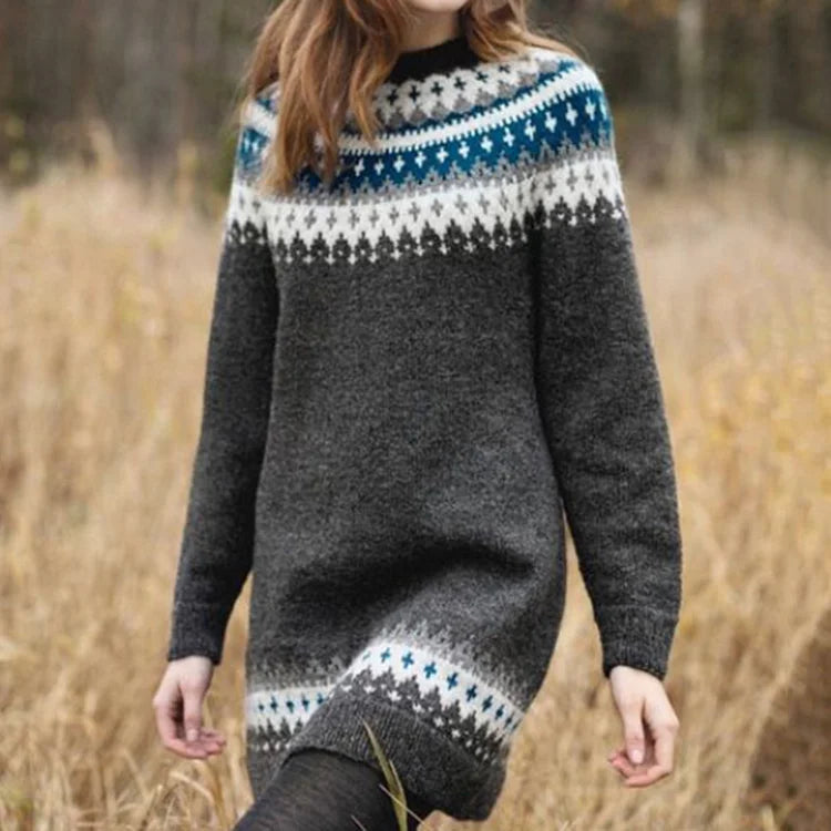 Women's retro sweater long dress with geometric patterns