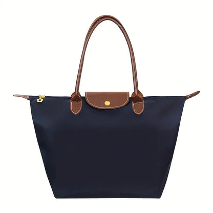 Women's Tote Bag - Nylon Water-Resistant - Leather Handles & Flap - Zipper Closure