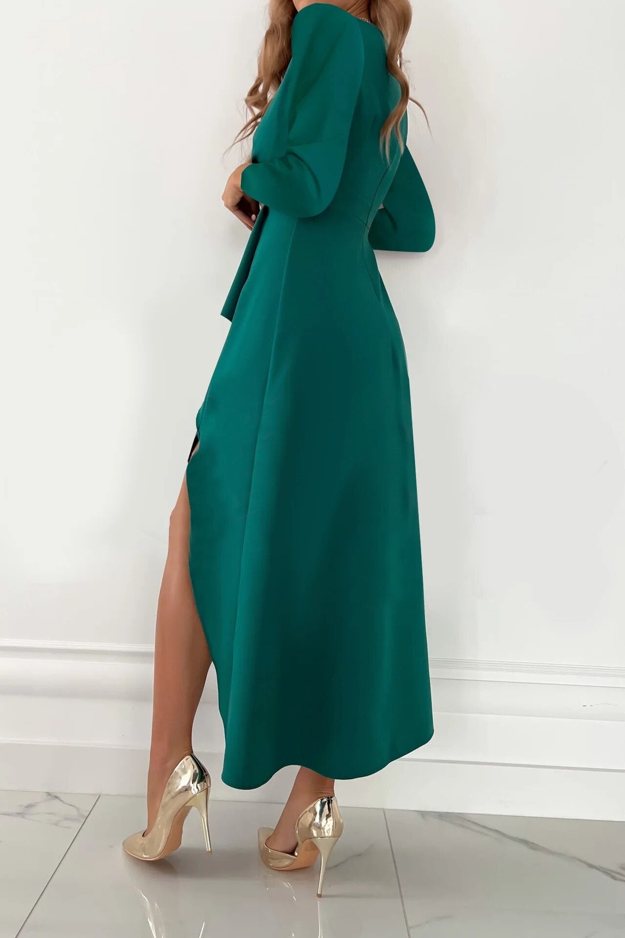 Women's Evening Dress - Wrap V-Neck - Long Sleeve - Asymmetrical High-Low Hem