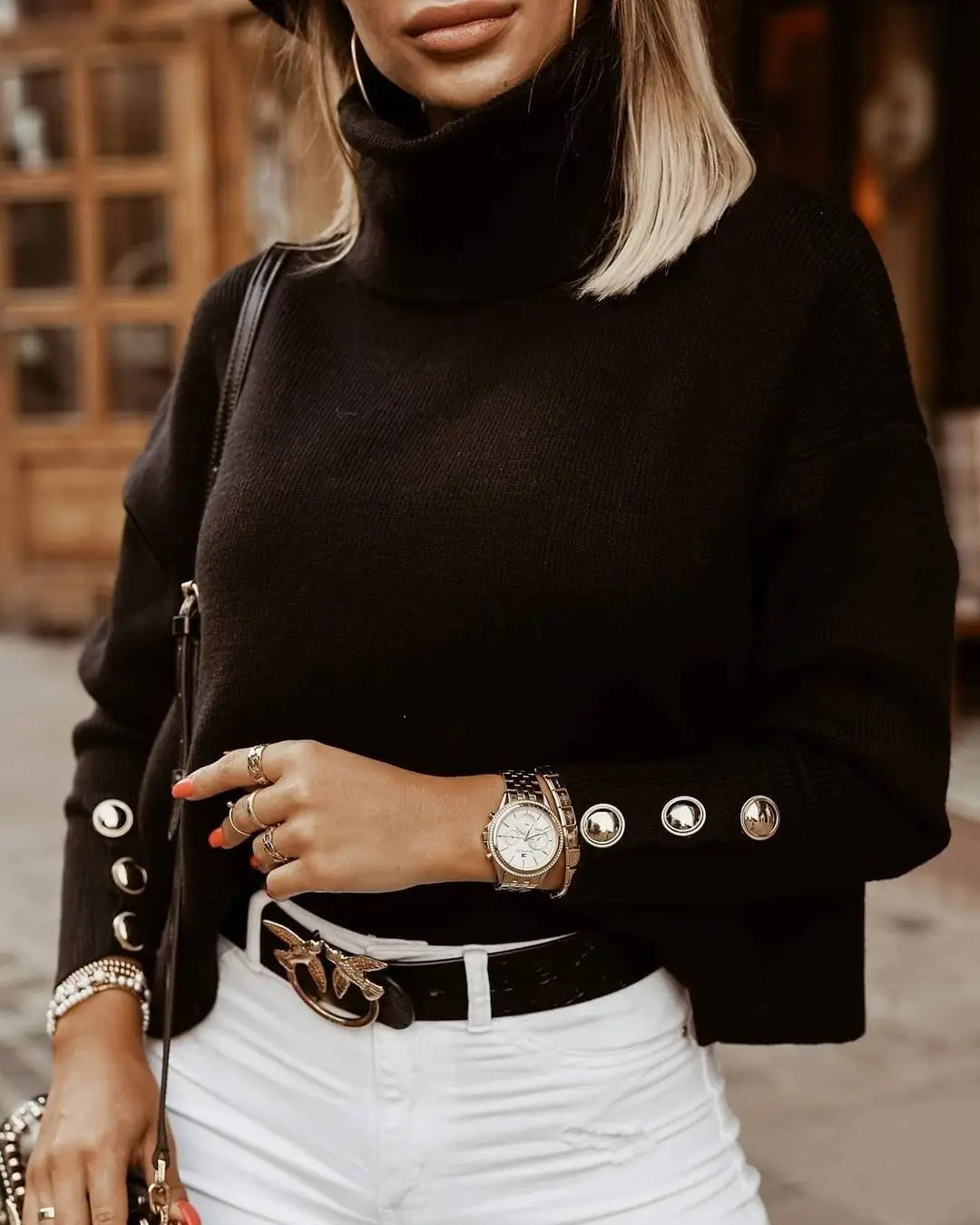 Women's Turtleneck Sweater - Ribbed Knit - Button Cuff Detail - Cozy Loose Fit