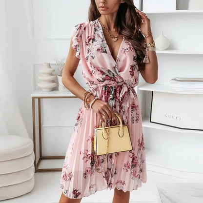Women's Wrap Dress - V-Neckline - Flutter Sleeves - Cinched Waist with Tie Belt