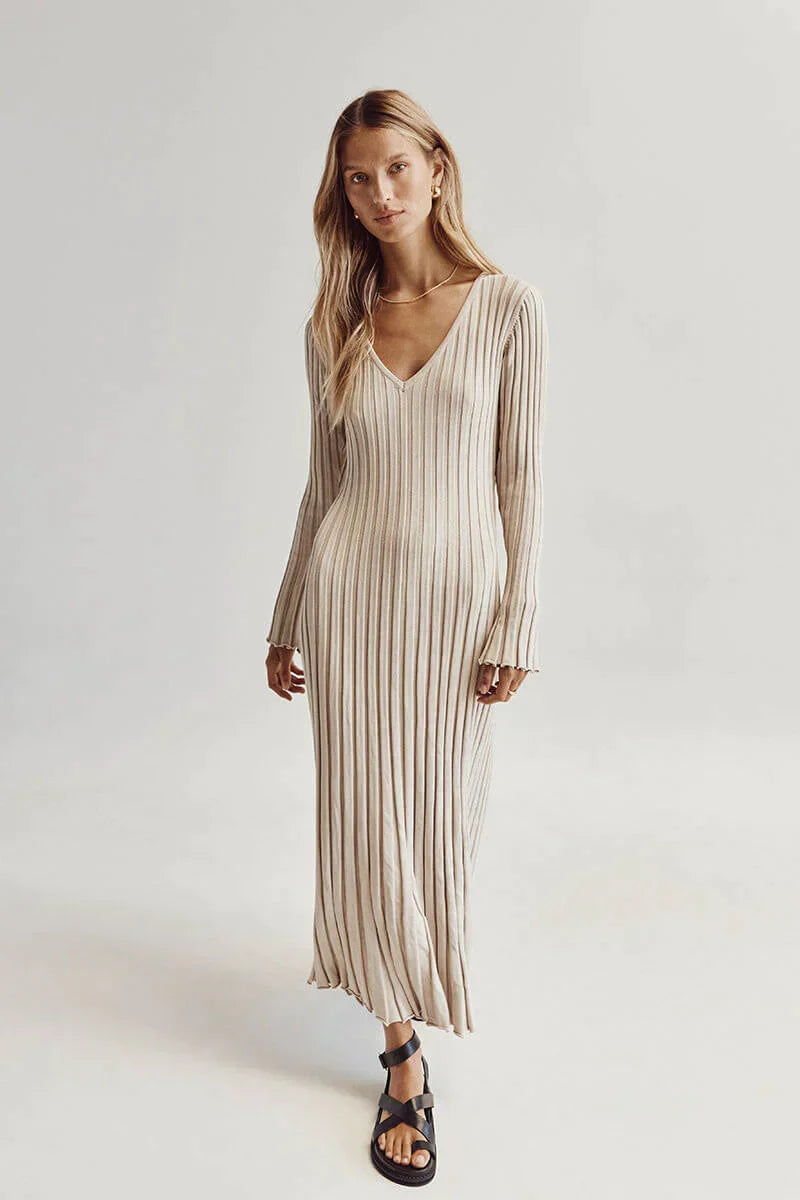 Warm Fabric Long V-Neck Maxi Dress