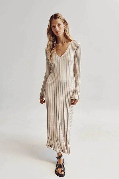 Women's Long V-Neck Maxi Dress - Warm Fabric
