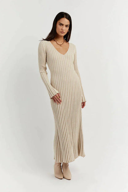 Women's Long V-Neck Maxi Dress - Warm Fabric