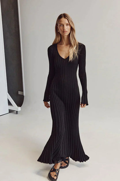 Women's Long V-Neck Maxi Dress - Warm Fabric
