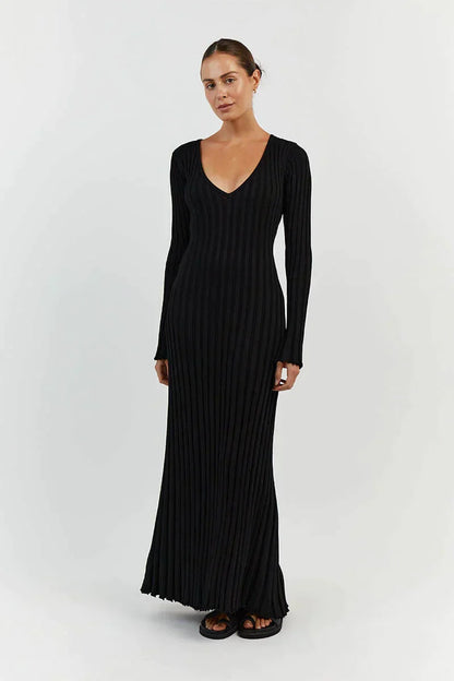 Women's Long V-Neck Maxi Dress - Warm Fabric