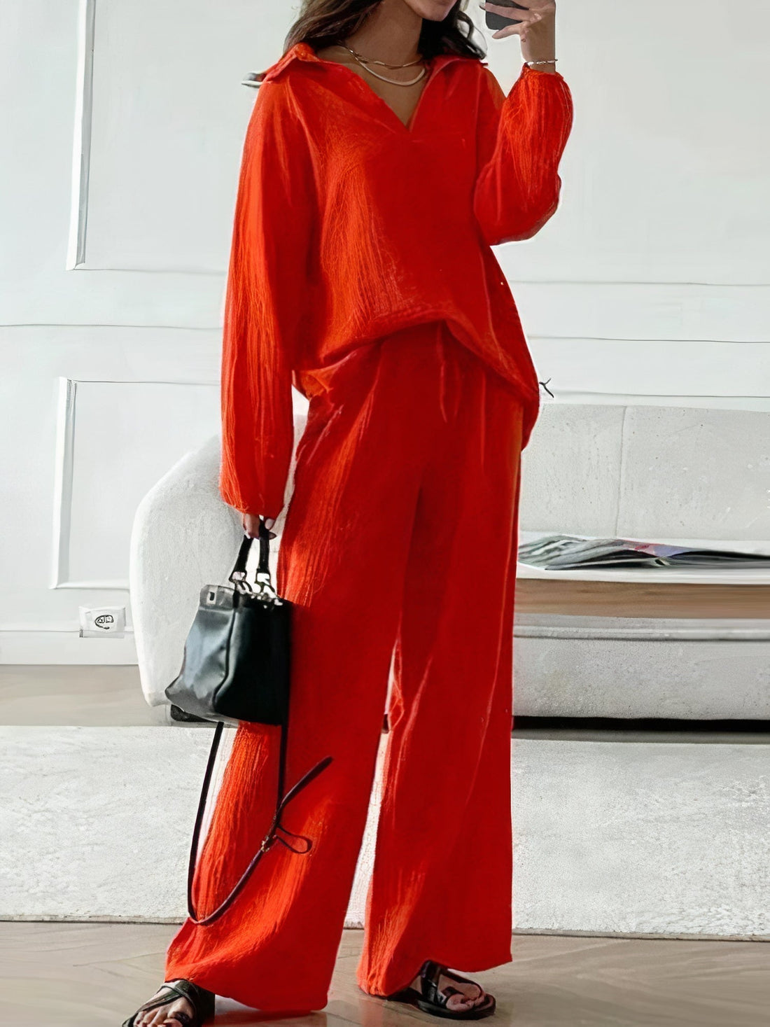 Pantsuit autumn 2-piece set for women with loose top and wide leg pants