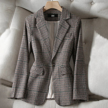 Checked blazer jacket for women with single button closure