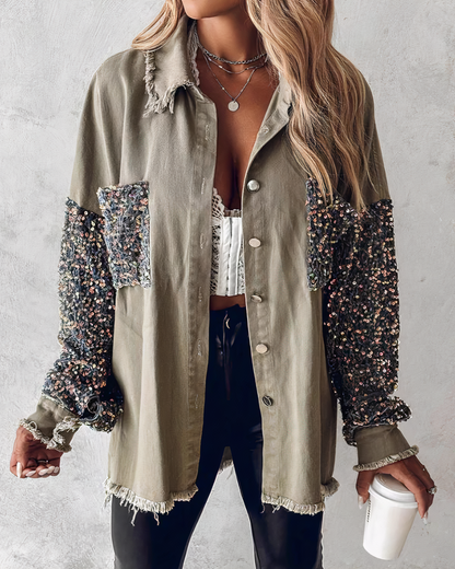 Women's Button-Up Jacket - Sequin Sleeves - Distressed Frayed Edges - Relaxed Fit