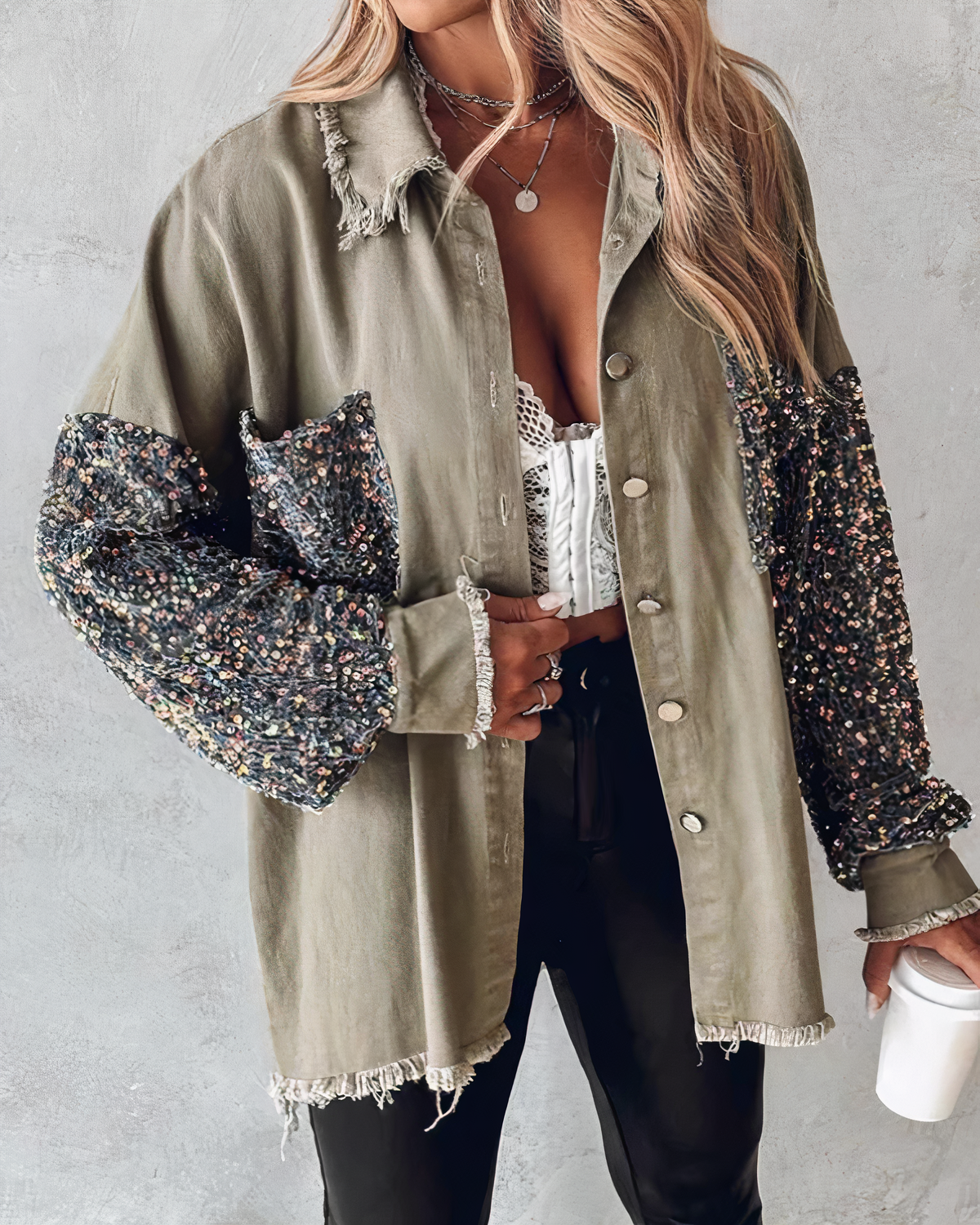 Women's Button-Up Jacket - Sequin Sleeves - Distressed Frayed Edges - Relaxed Fit